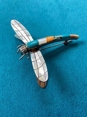 Vintage Sterling Silver Zuni Turquoise Inlay DragonFly Pendant Reynetsa Leland